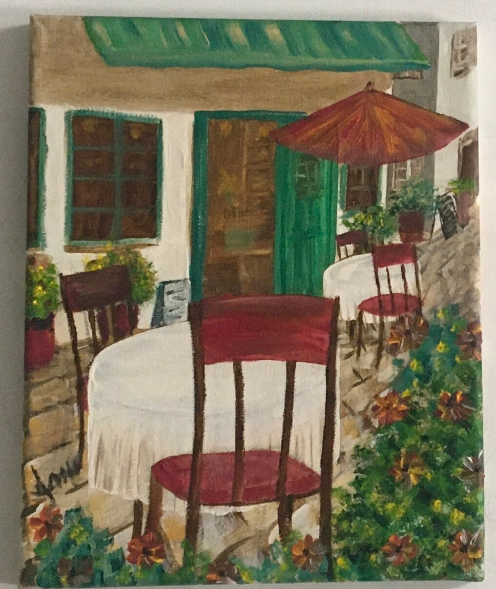 Original oil painting empty restaurant tables ready to hang wall hanging