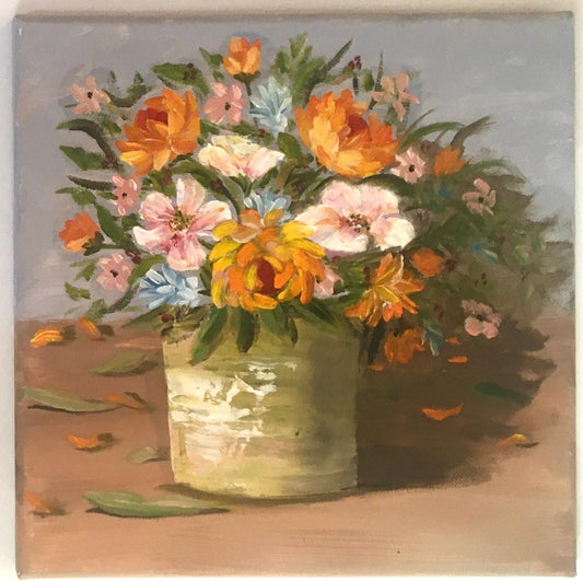 10x10 Original oil painting flowers in a vase art ready ooak wall hanging gift