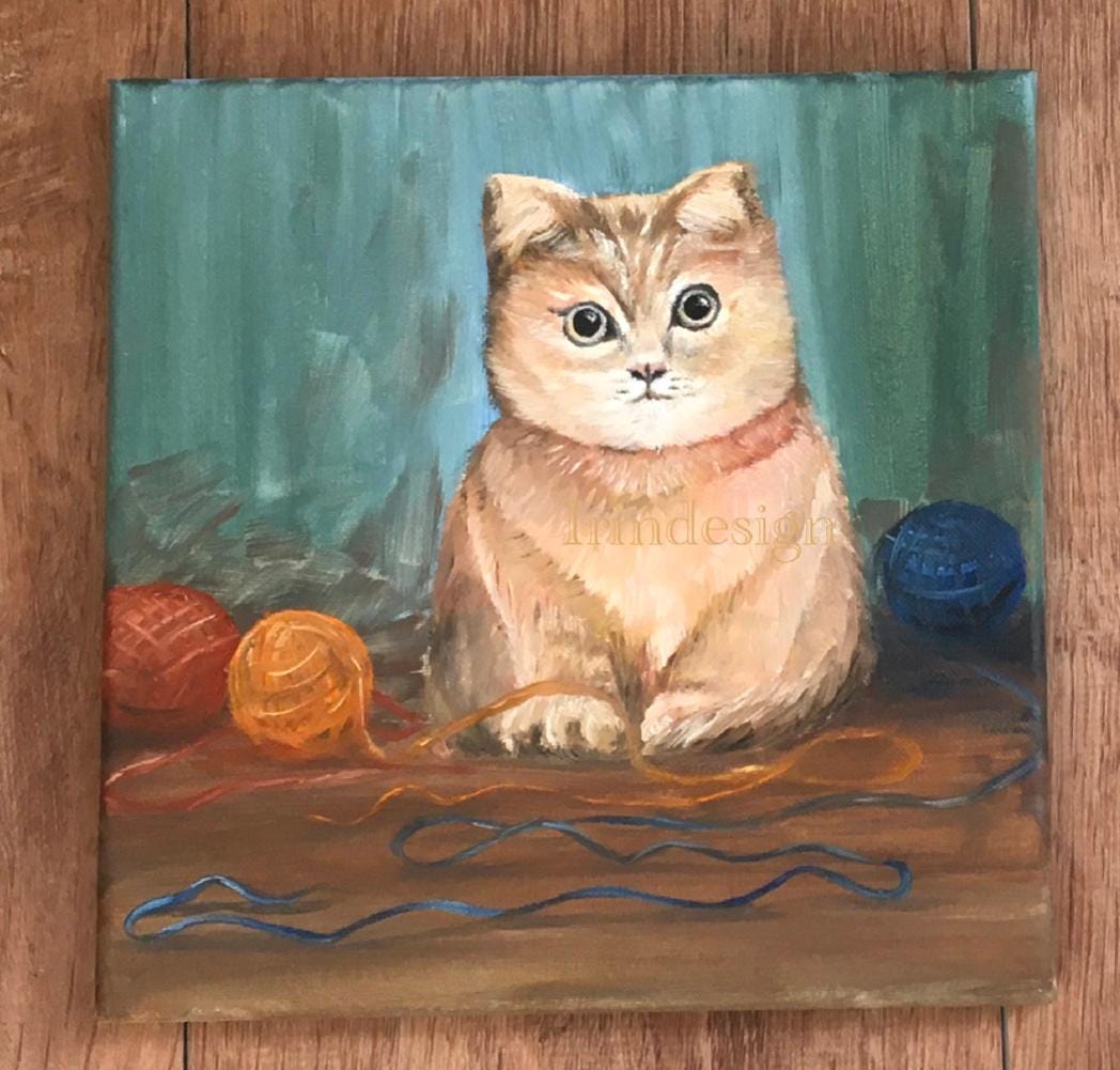 Original oil painting cat kitten yarn balls art ready ooak wall hanging gift