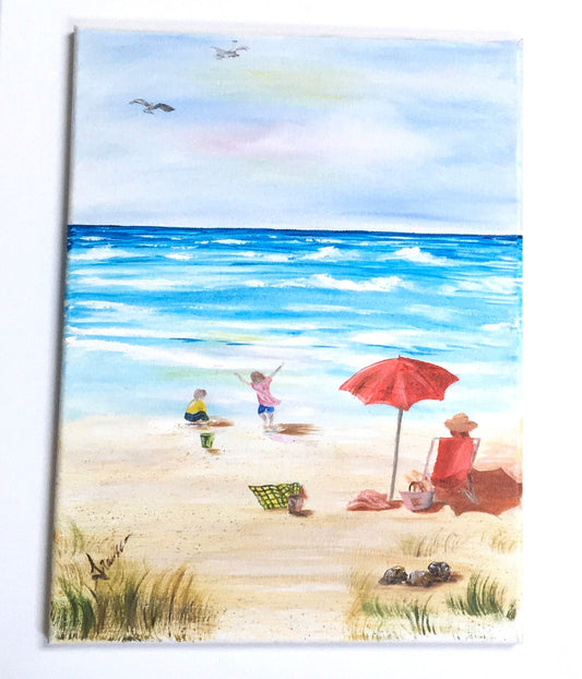 Seascape relaxing beach playing happy kids outdoor Original oil painting art wall hanging