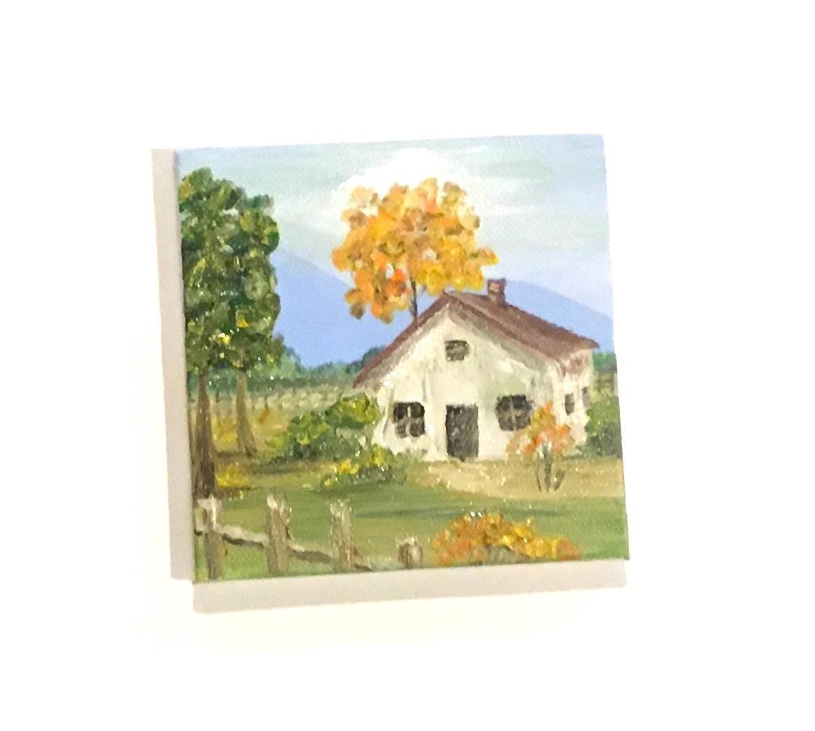 Landscape house 4x4 inches Original oil painting art wall hanging
