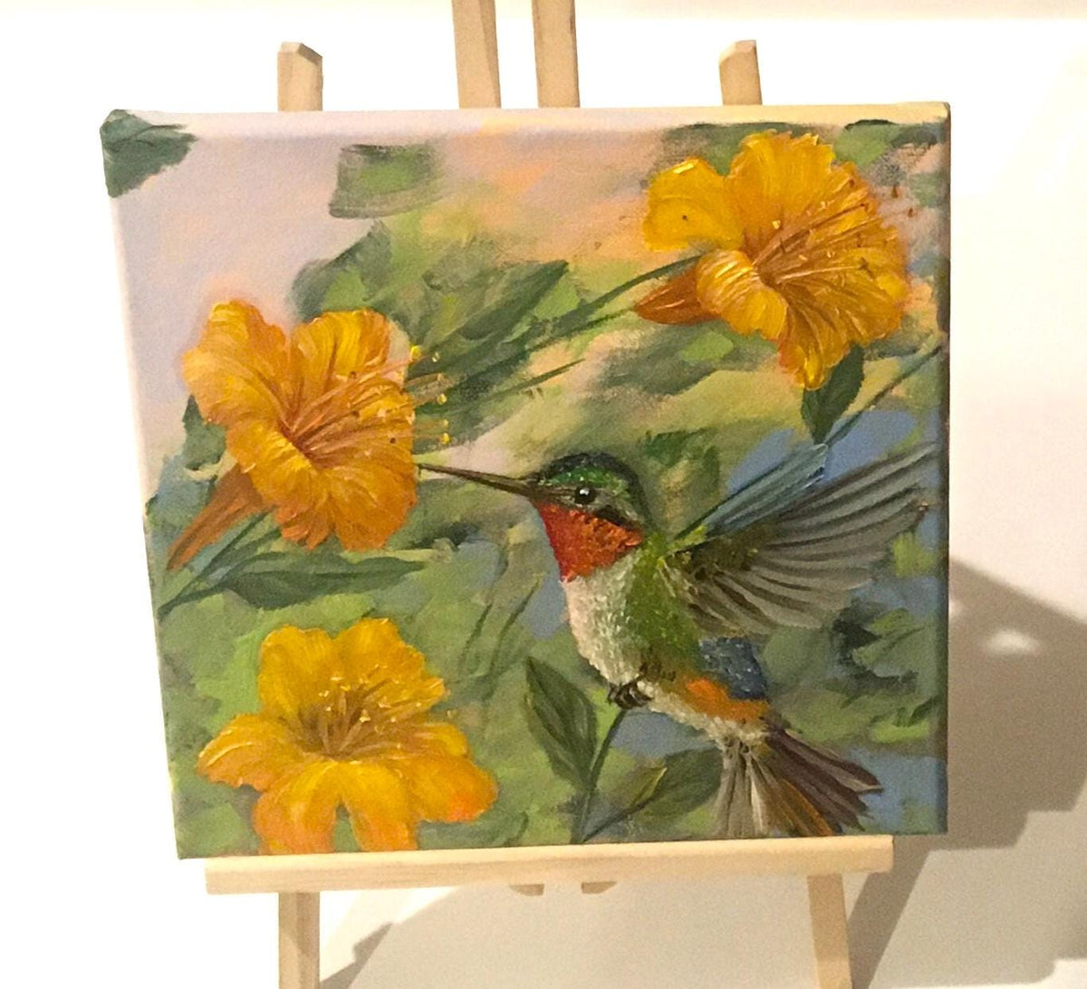 Original 10x10 oil painting nature hummingbird flowers art ready ooak wall hanging gift