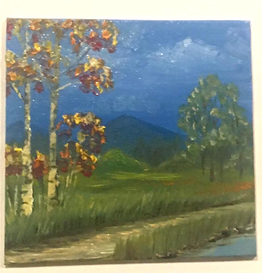 Original 6x6 inches oil painting landscape mountain trees small canvas art