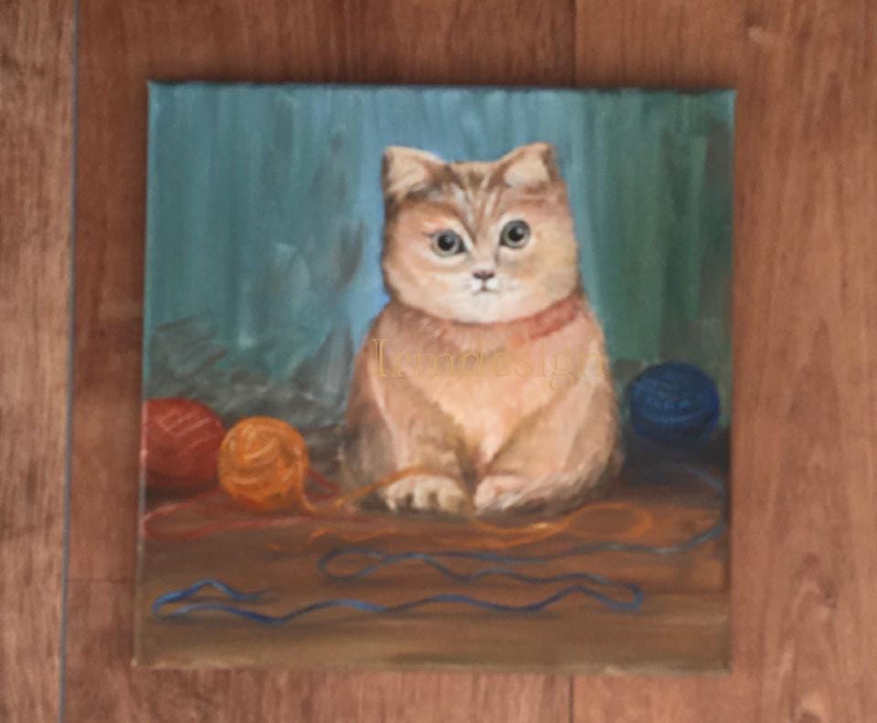 Original oil painting cat kitten yarn balls art ready ooak wall hanging gift
