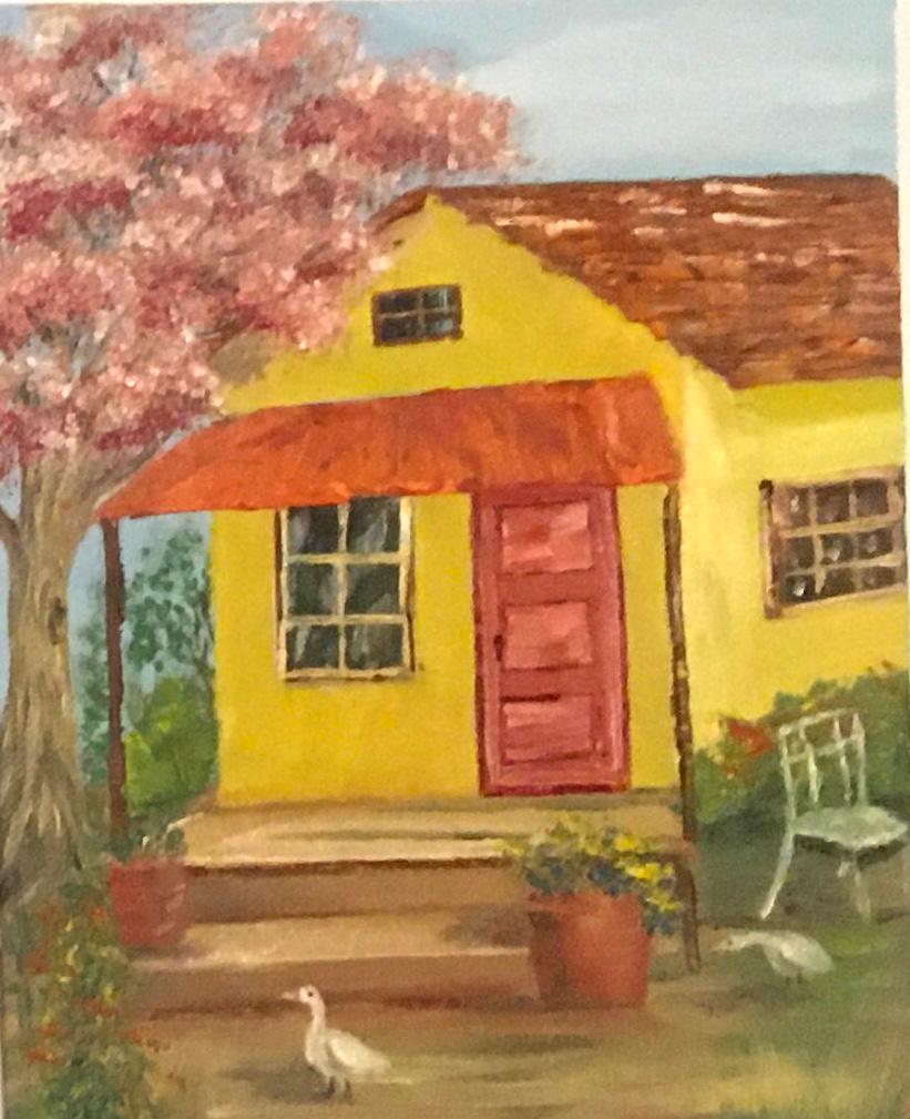 Yellow house cozy home cherry tree Original oil painting art wall hanging