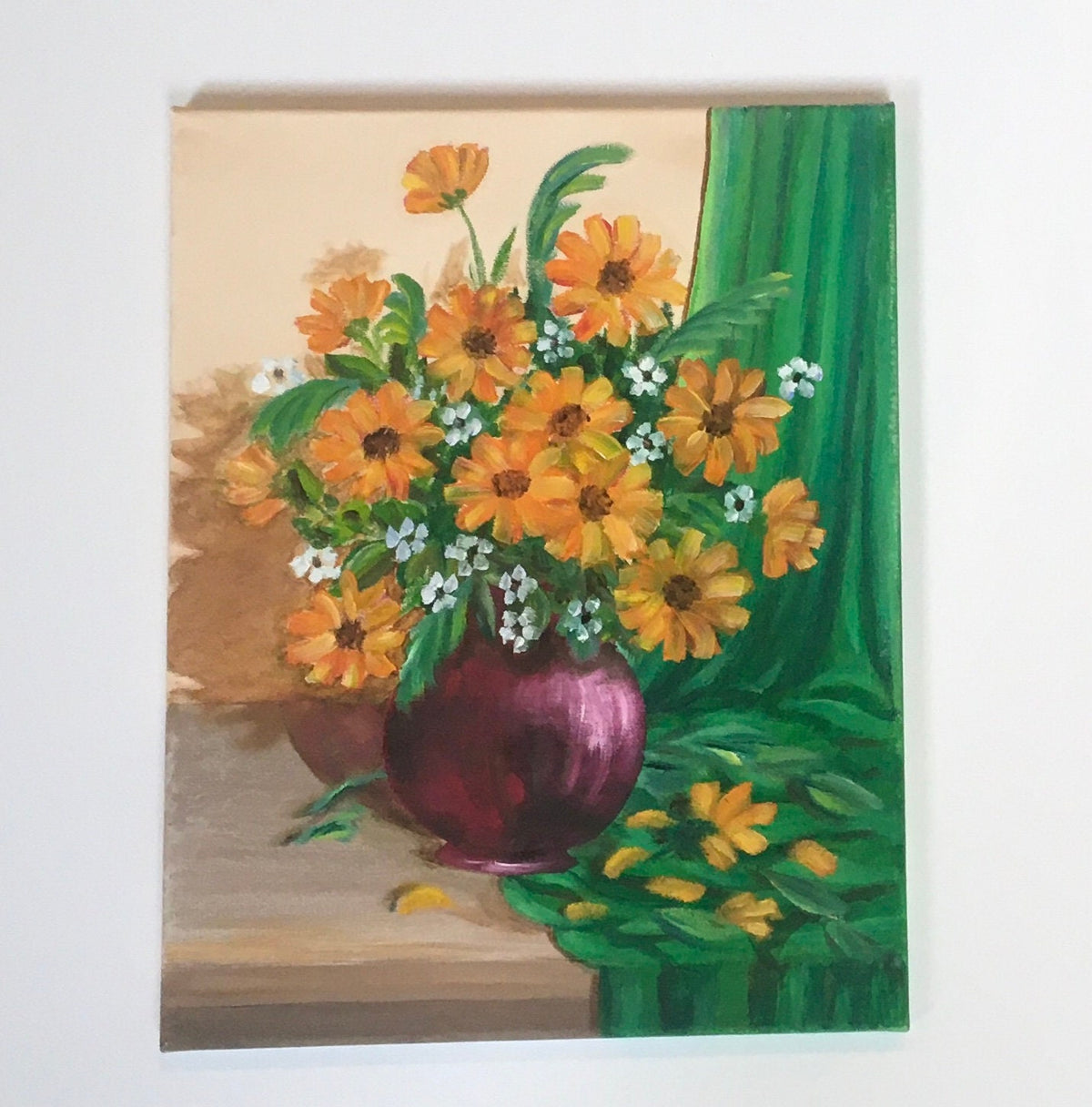 Original oil painting still life art yellow flowers bouquet wall hanging