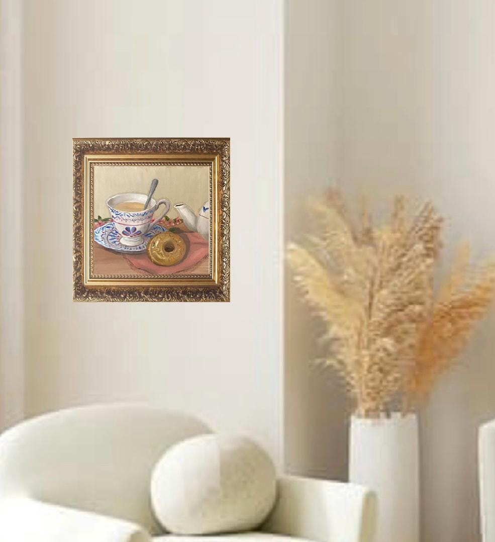 Tea time 10x10 inches Original oil painting art wall hanging