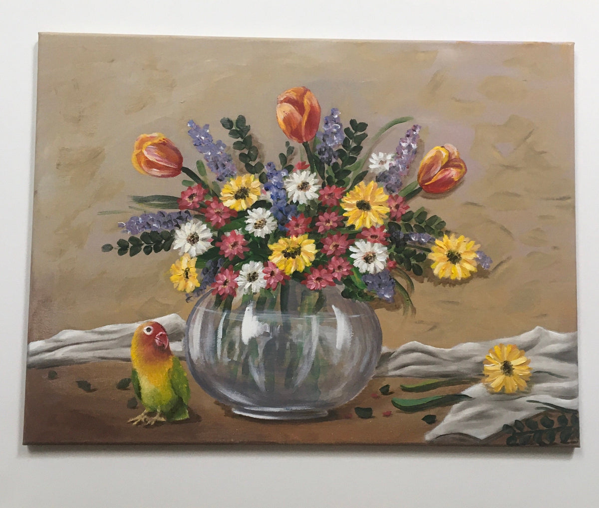 Original oil painting lovebird with flowers art ready ooak wall hanging gift