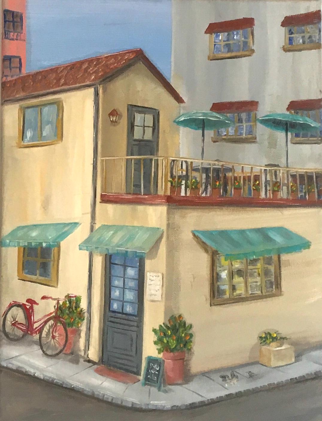Rooftop restaurant sunny day 16x12 inches Original oil painting art wall hanging