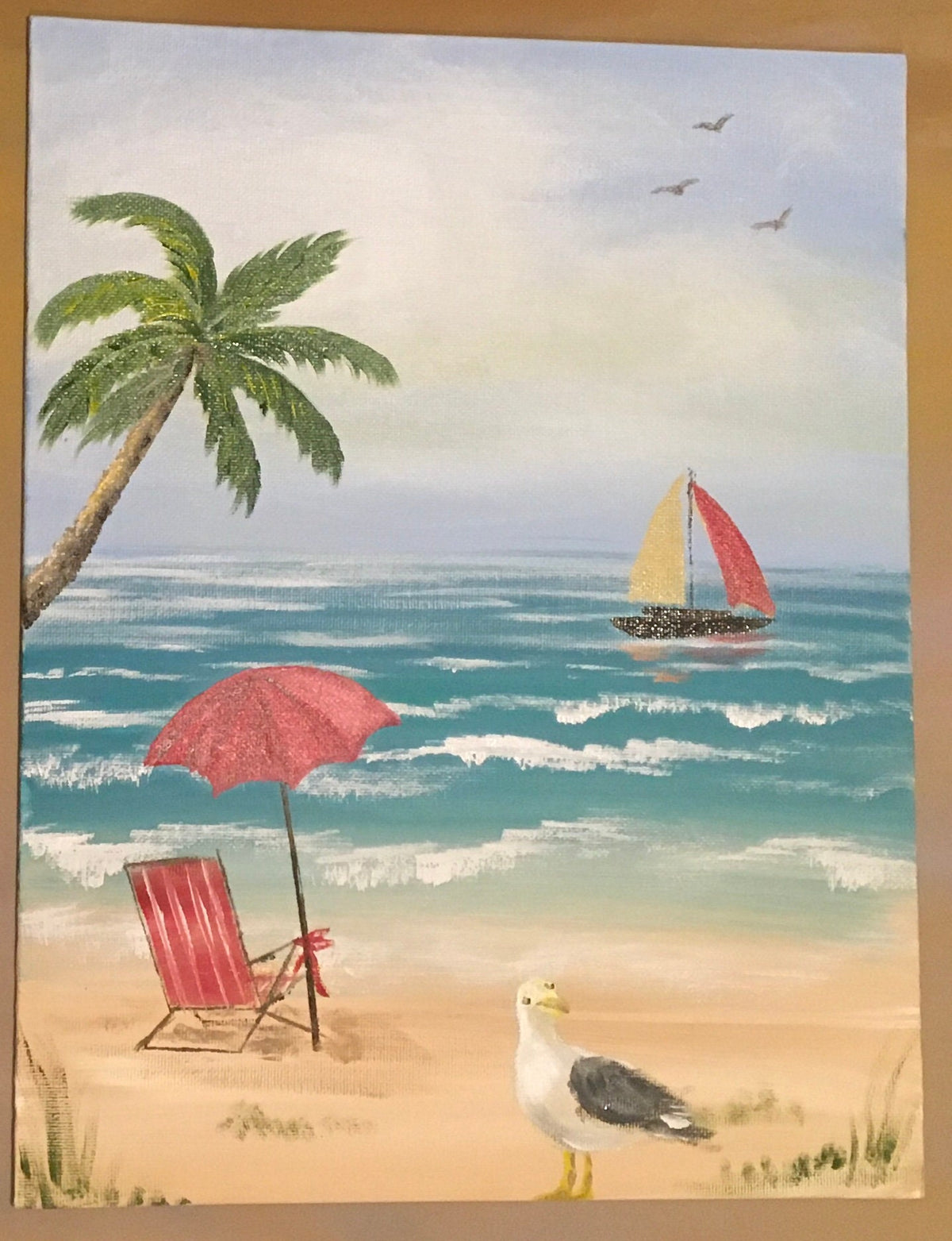 Original art beach seascape bird relaxing oil painting canvas board art wall hanging