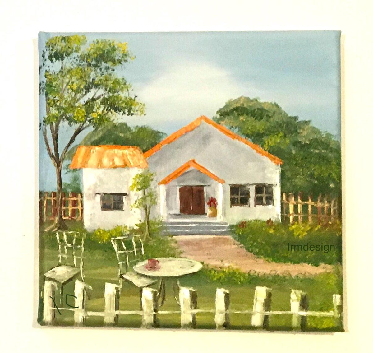 Landscape house cozy home table for two Original oil painting art wall hanging