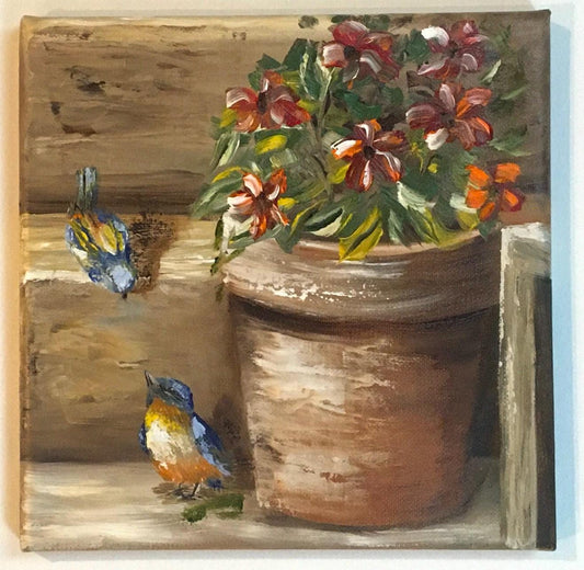 Original oil painting 8x8 inches birds flower pot art ready ooak wall hanging gift