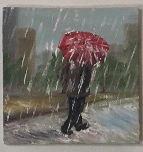 Walking holding umbrella in rain 4x4 inches Original oil painting art wall hanging or on desk