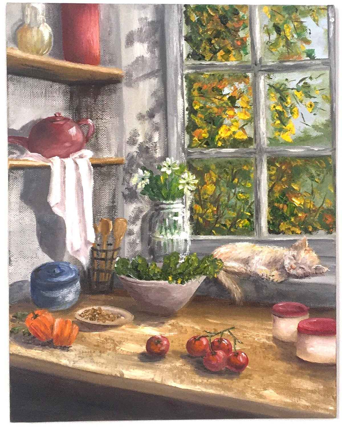 Framed art Kitchen window 11x14 inches original oil painting ooak wall hanging gift