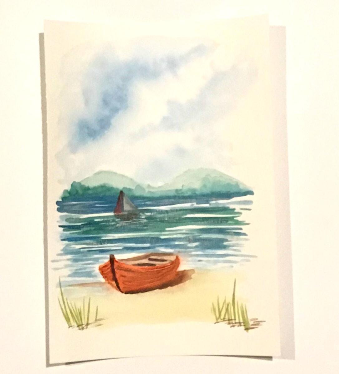 Seascape red boat 7x10 inches Original painting watercolor (not print)