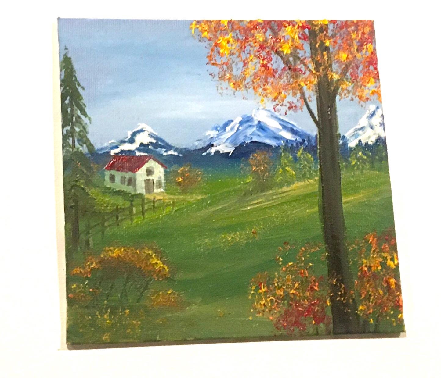 Original 6x6 inches oil painting landscape mountain trees small canvas art