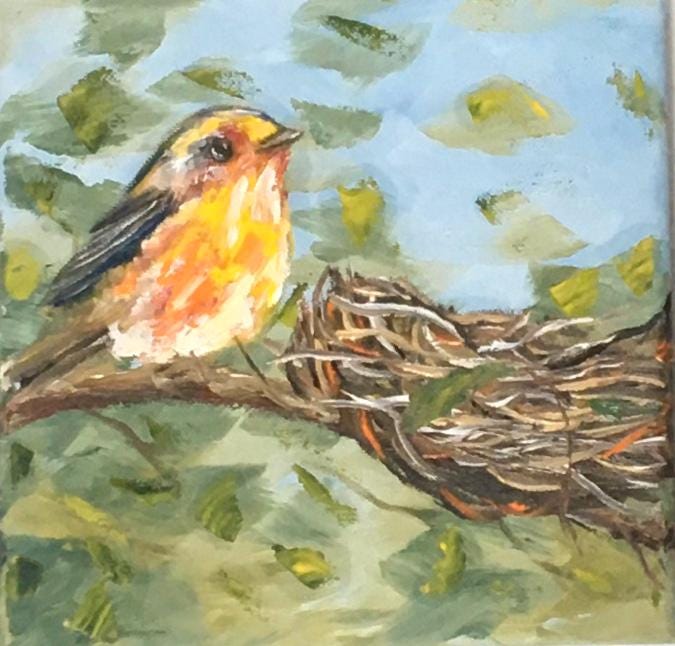 Original oil painting 8x8 inches bird nest art ready ooak wall hanging gift