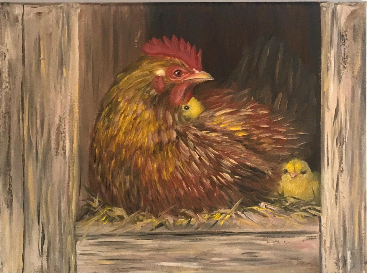 Mother hen chicks 16x12 inches Original oil painting art wall hanging