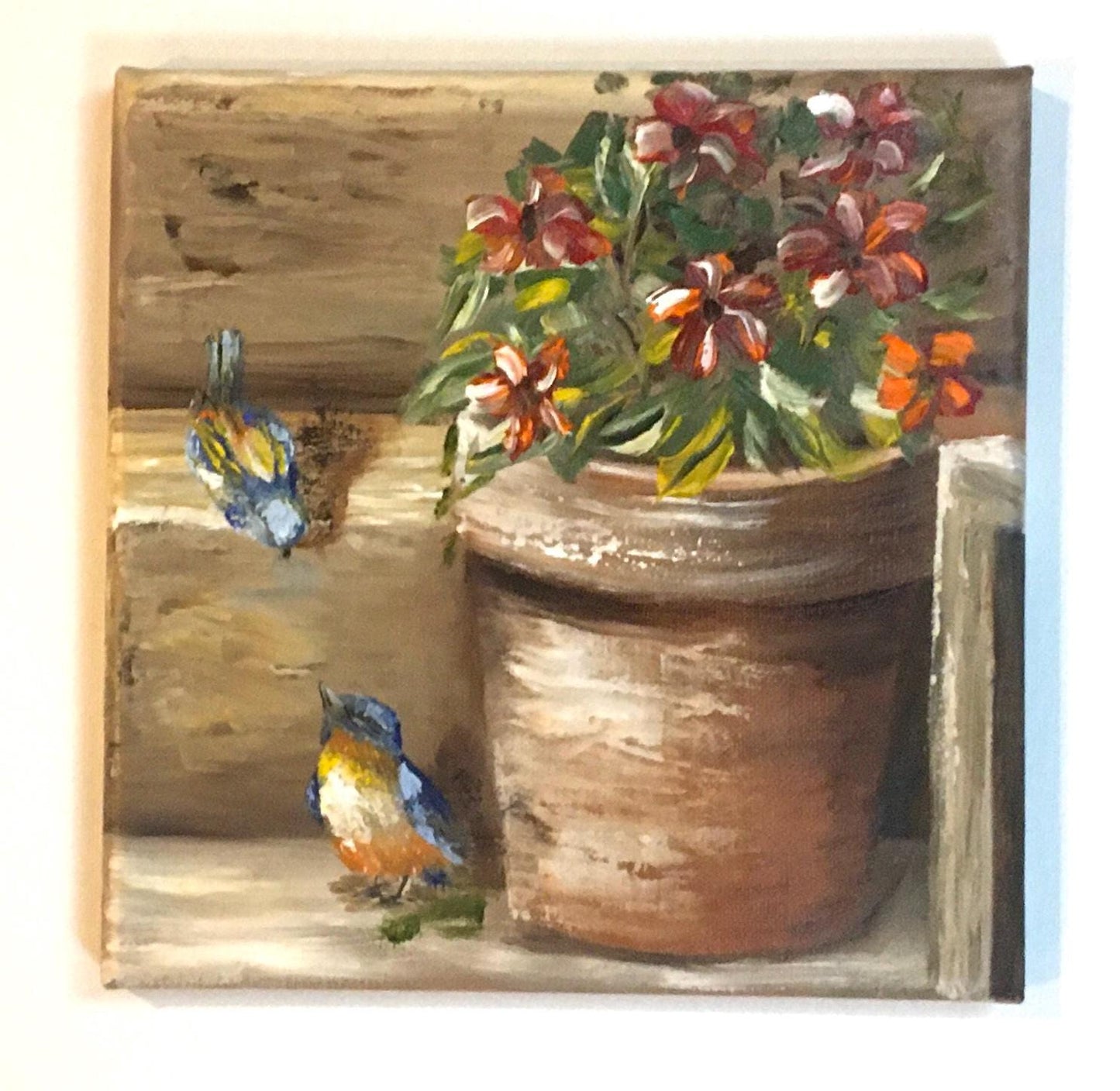Original oil painting 8x8 inches birds flower pot art ready ooak wall hanging gift