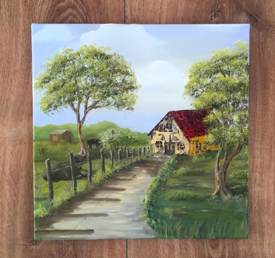 Original oil painting landscape outdoor farm art ready ooak wall hanging