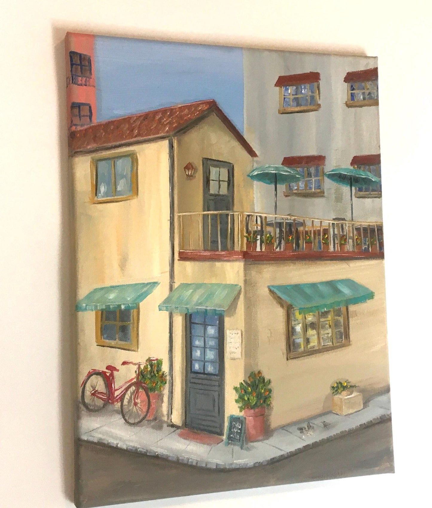 Rooftop restaurant sunny day 16x12 inches Original oil painting art wall hanging