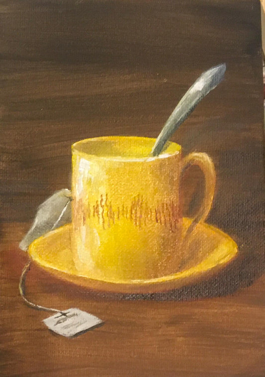 Original 5x7 inches oil painting yellow teacup small canvas board art