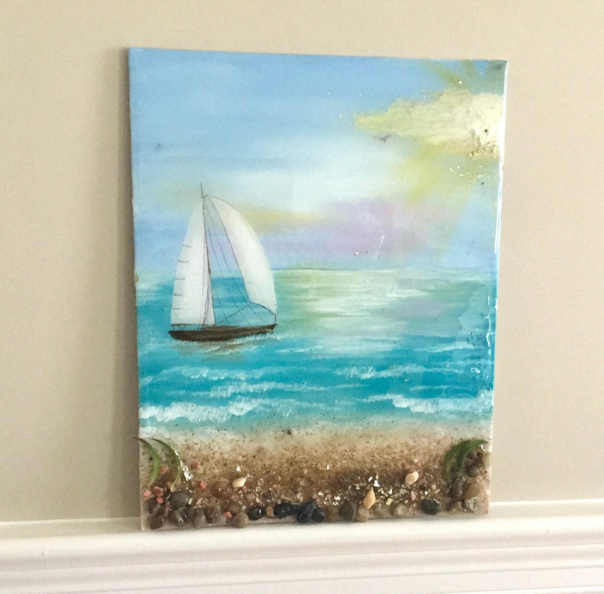 Original art beach seascape bird relaxing resin glass art 3D painting canvas board art wall hanging