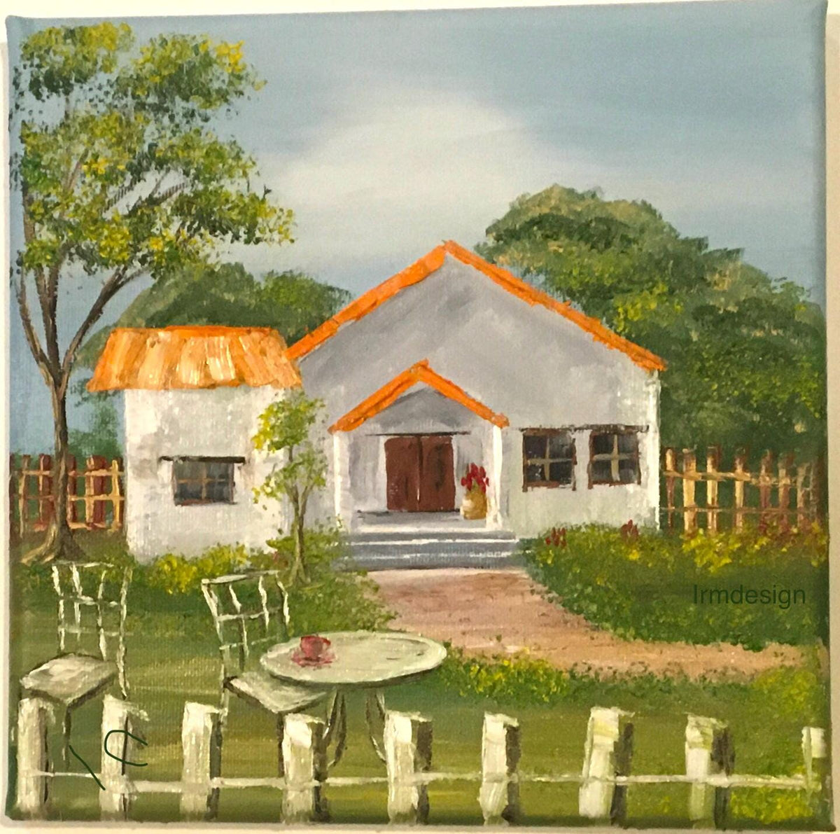 Landscape house cozy home table for two Original oil painting art wall hanging