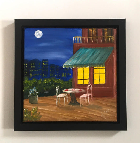 Framed art Cafe table outside night full moon Original oil painting wall hanging
