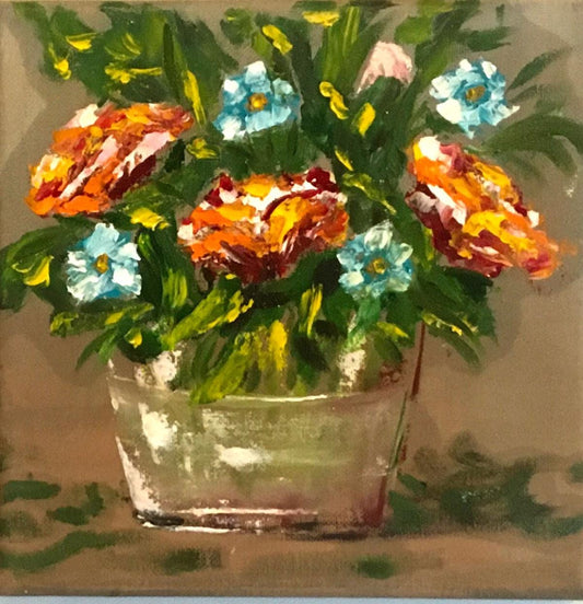 Original oil painting 8x8 inches blue red flower glass vase art ready ooak wall hanging gift