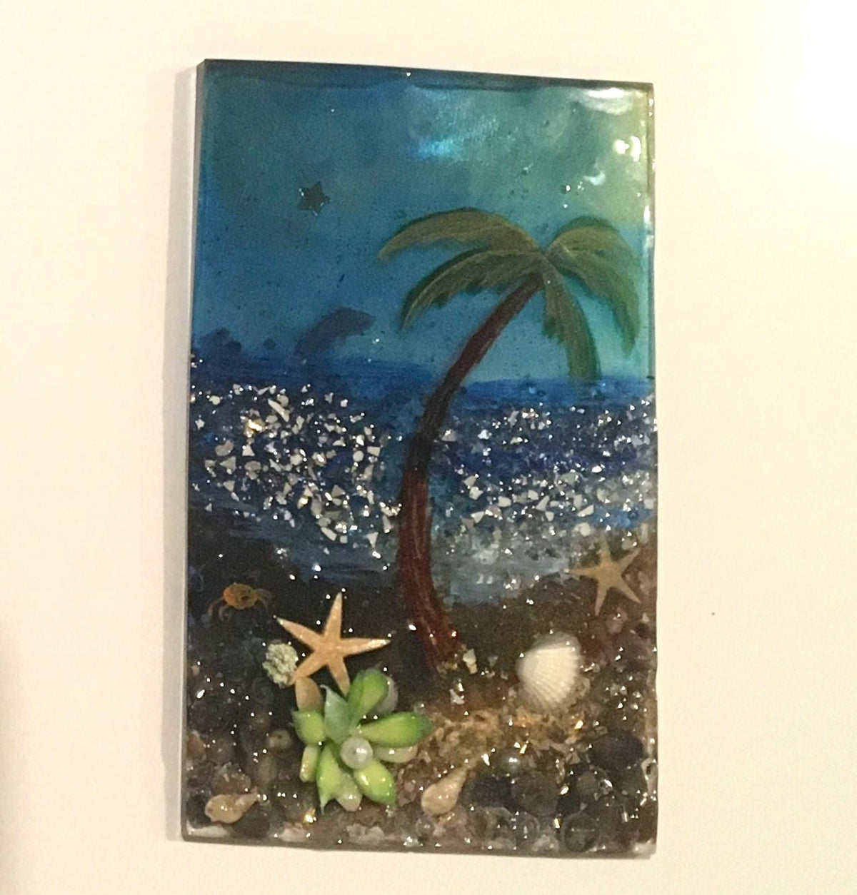 Original painting 3D glass resin art seascape palm tree relaxing vacation ooak collectable gift