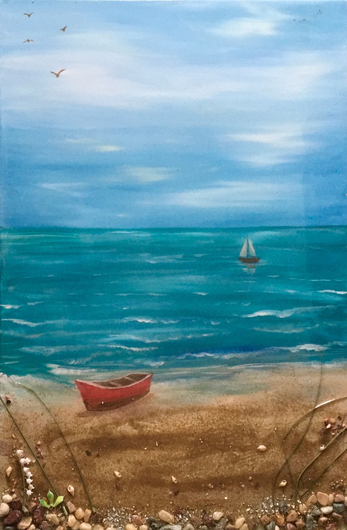 Original art beach seascape boat relaxing resin glass art 3D painting canvas art wall hanging