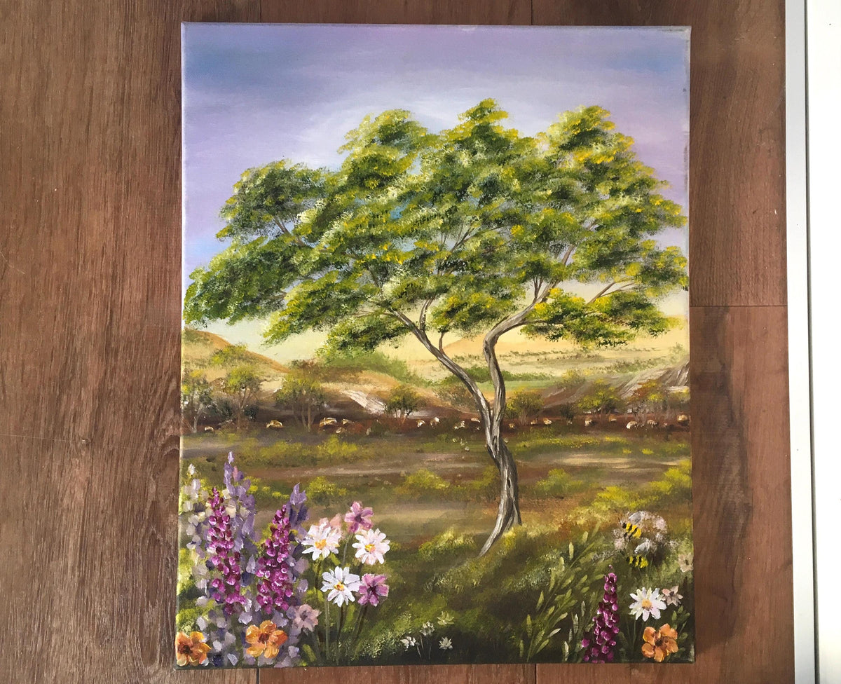 Landscape tree flowers Original oil painting art wall hanging