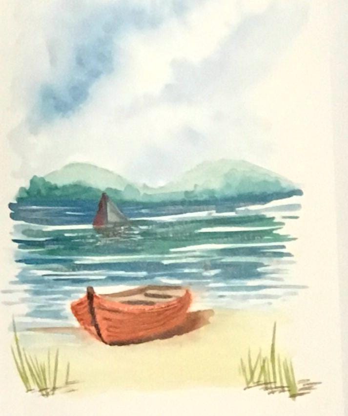 Seascape red boat 7x10 inches Original painting watercolor (not print)