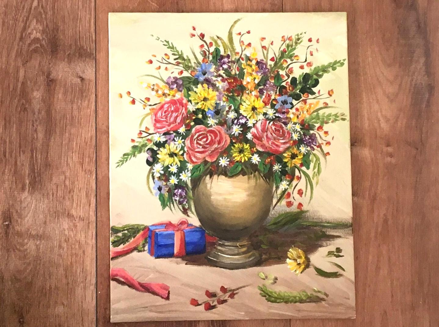 Original oil painting colorful flowers in a vase art ready ooak wall hanging gift