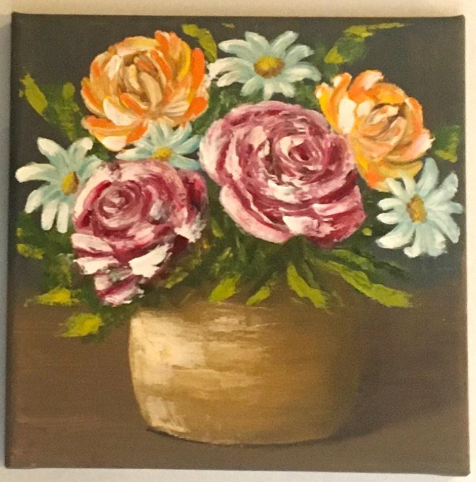 Original oil painting 8x8 inches flower vase art ready ooak wall hanging gift