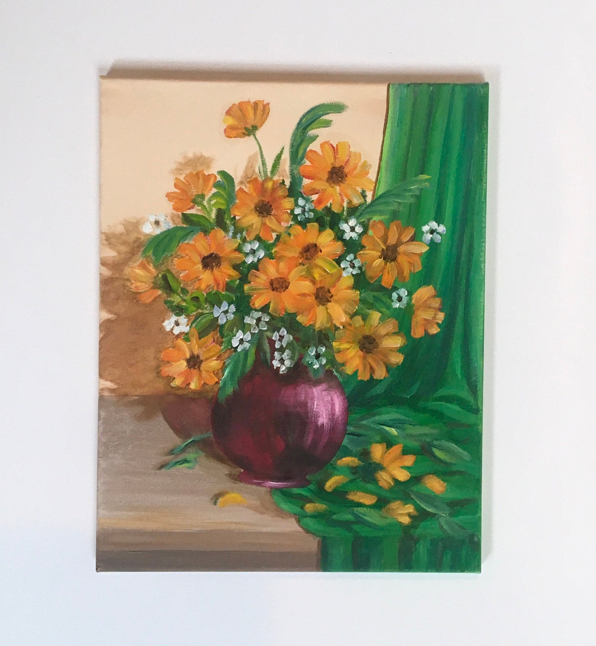 Original oil painting still life art yellow flowers bouquet wall hanging