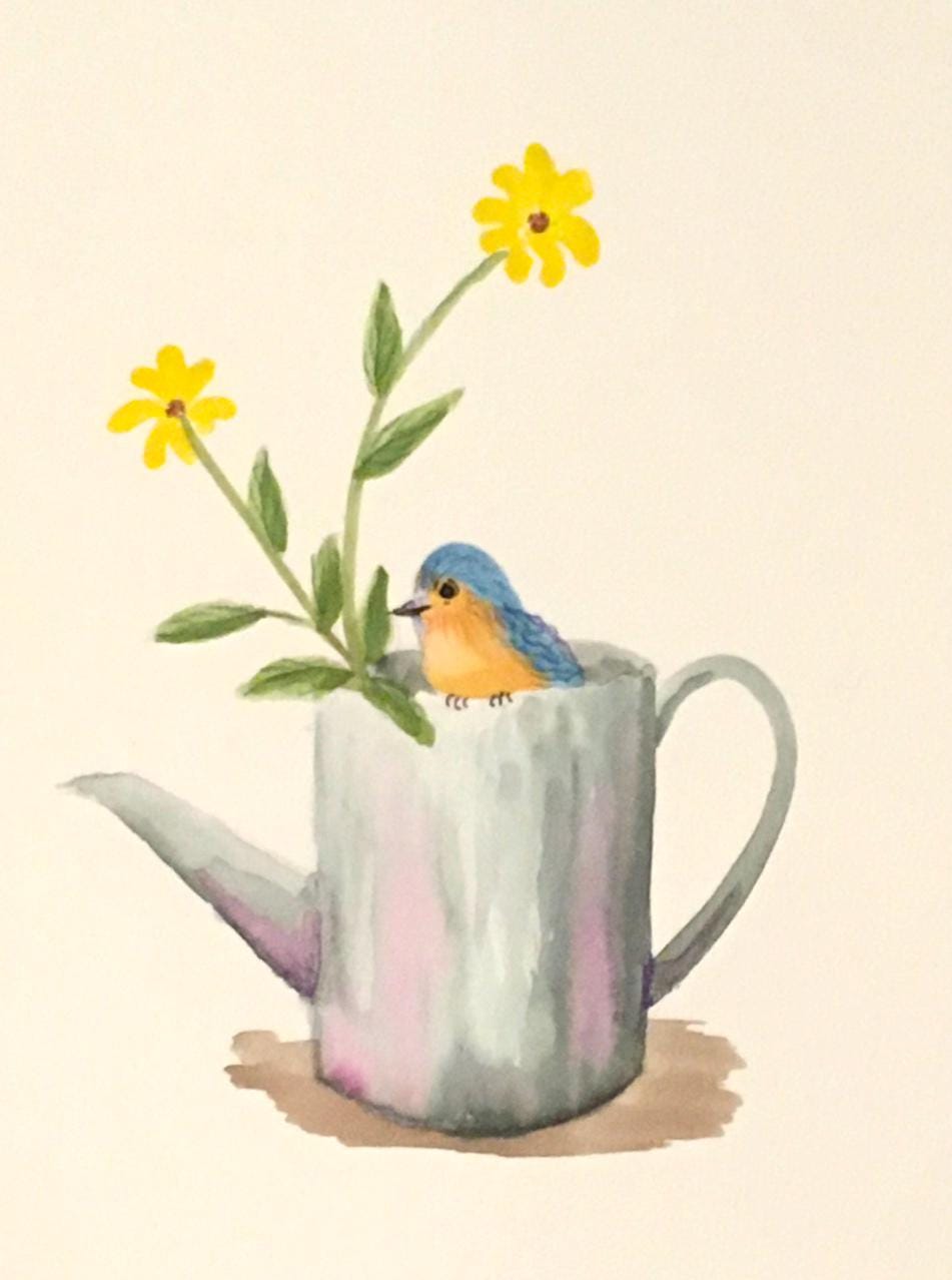 Bird on watering can 7x10 inches Original painting watercolor art (not print)