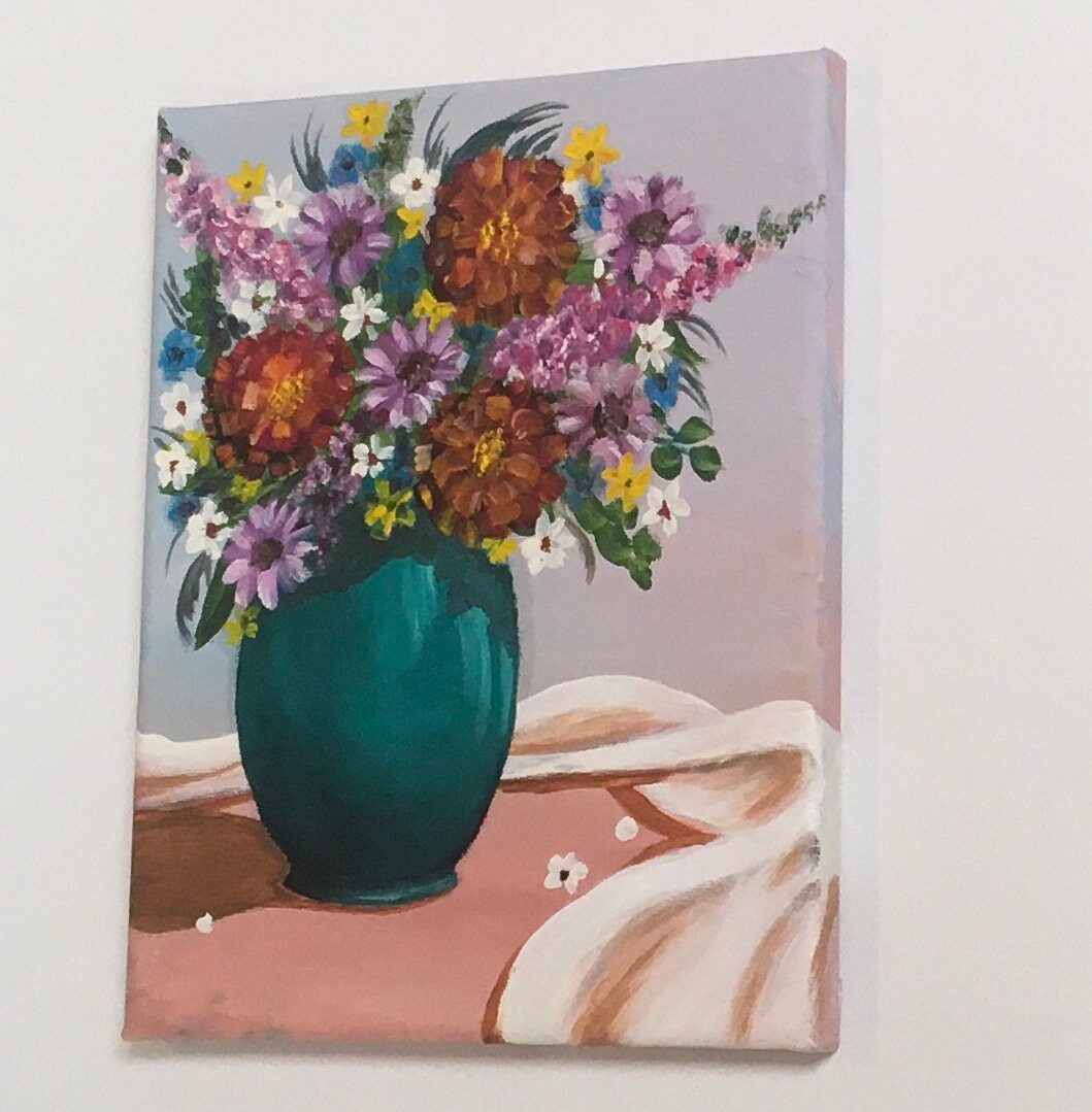 Original oil painting still life art flowers bouquet wall hanging