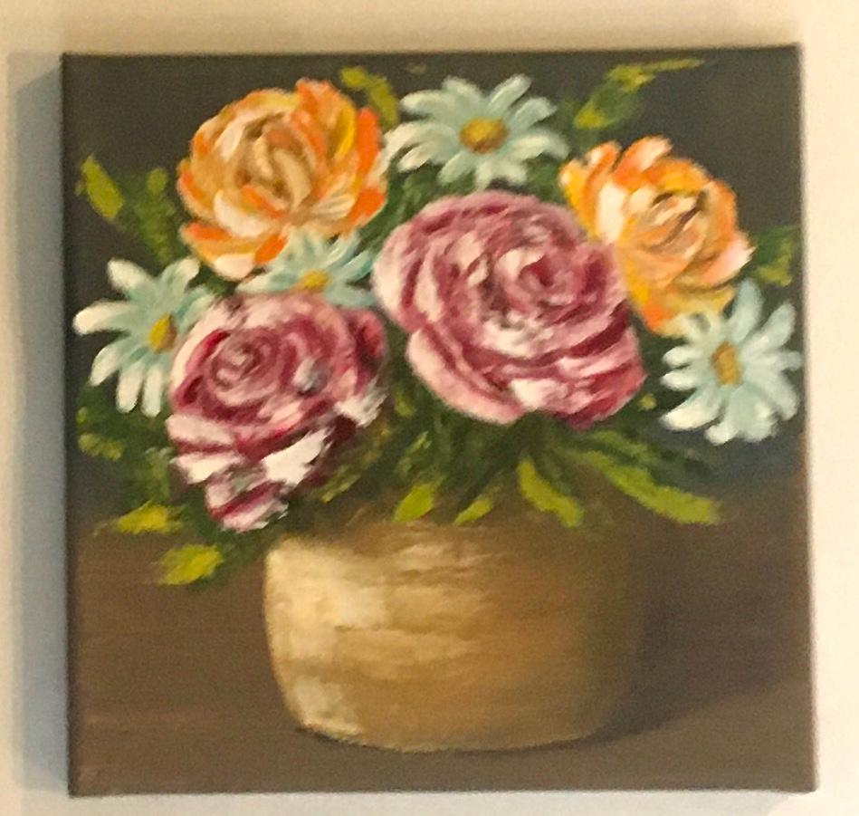 Original oil painting 8x8 inches flower vase art ready ooak wall hanging gift