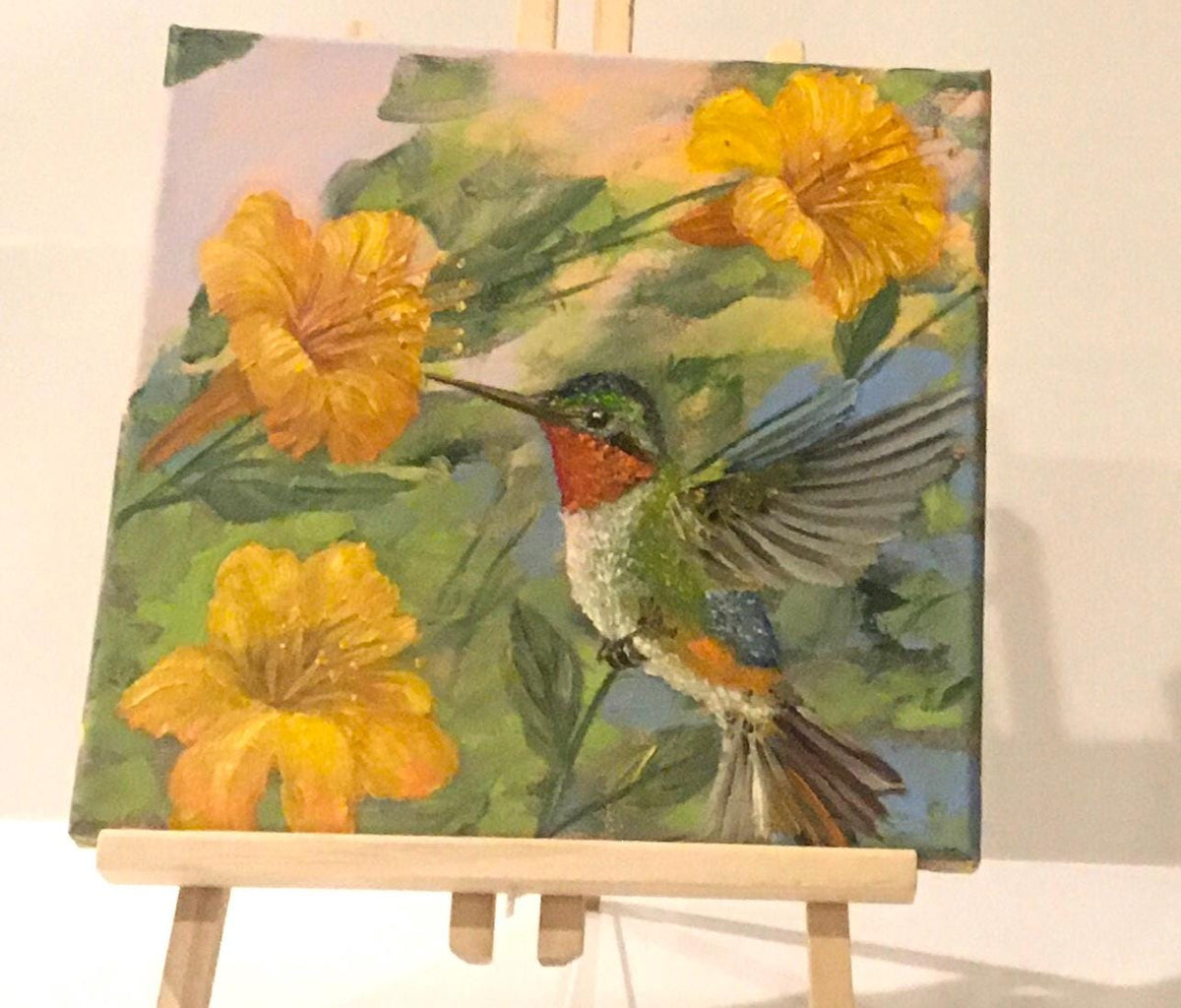 Original 10x10 oil painting nature hummingbird flowers art ready ooak wall hanging gift
