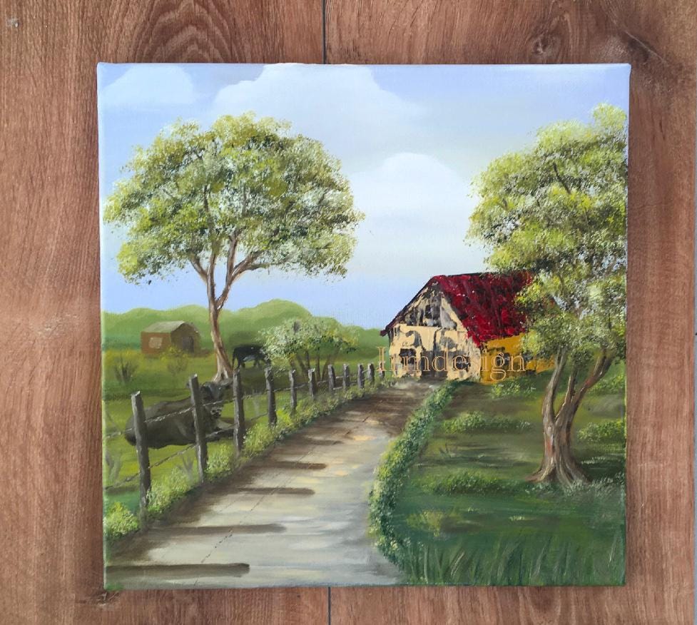 Original oil painting landscape outdoor farm art ready ooak wall hanging