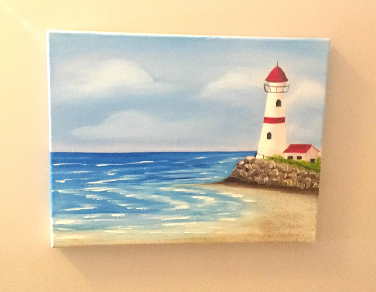 Original oil painting ocean beach lighthouse art ready ooak wall hanging gift