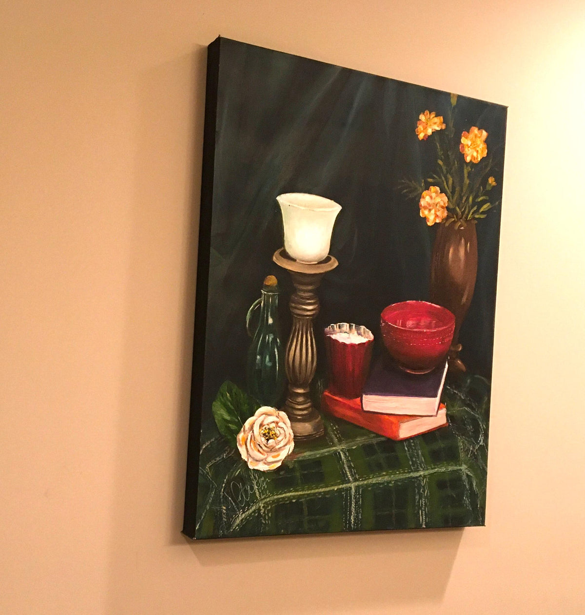 Original oil painting still life flowers art ready ooak wall hanging