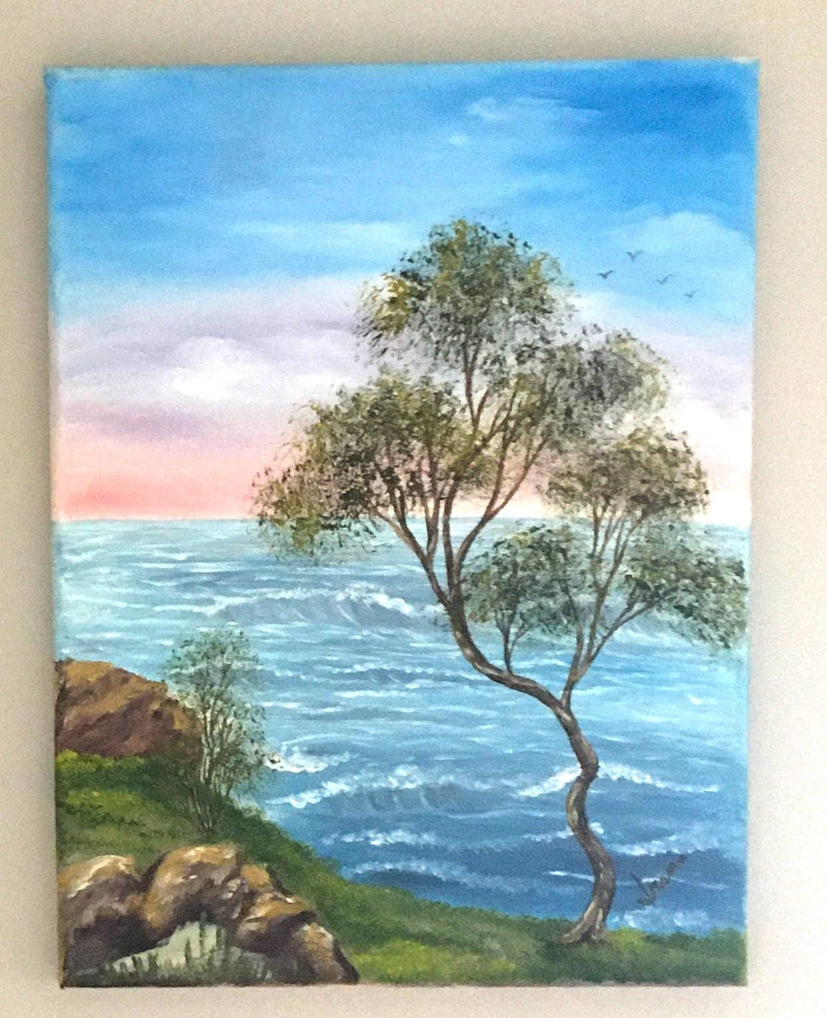 Landscape tree seascape 14x11 inches Original oil painting ocean art wall hanging