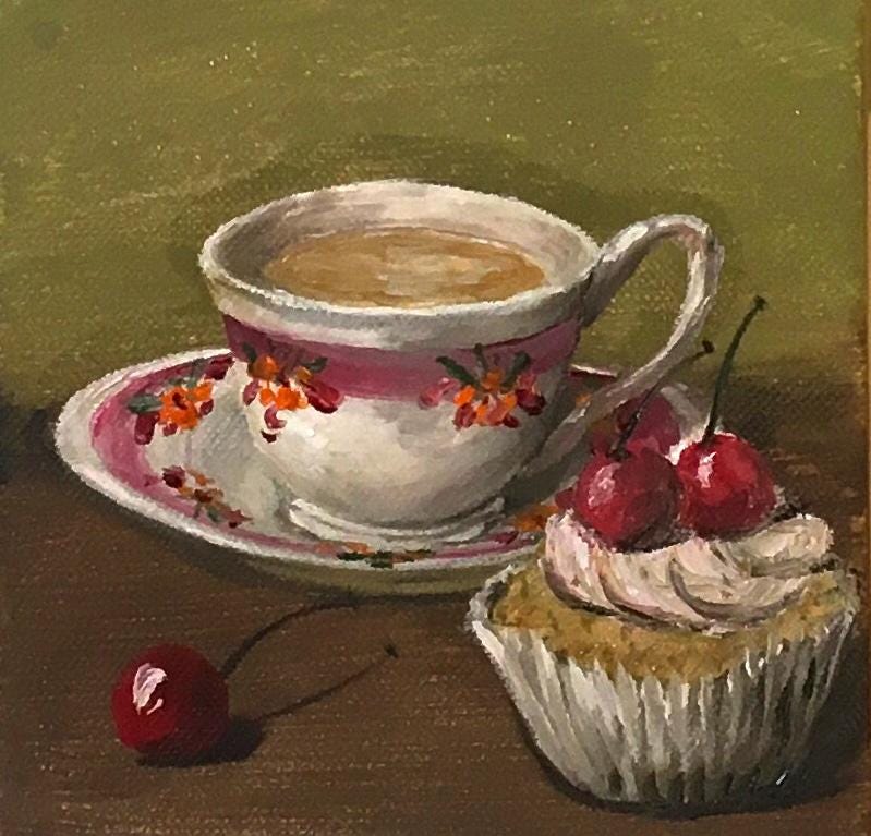 Tea and cupcake with cherries on top 6x6 inches Original oil painting art wall hanging desk decoration