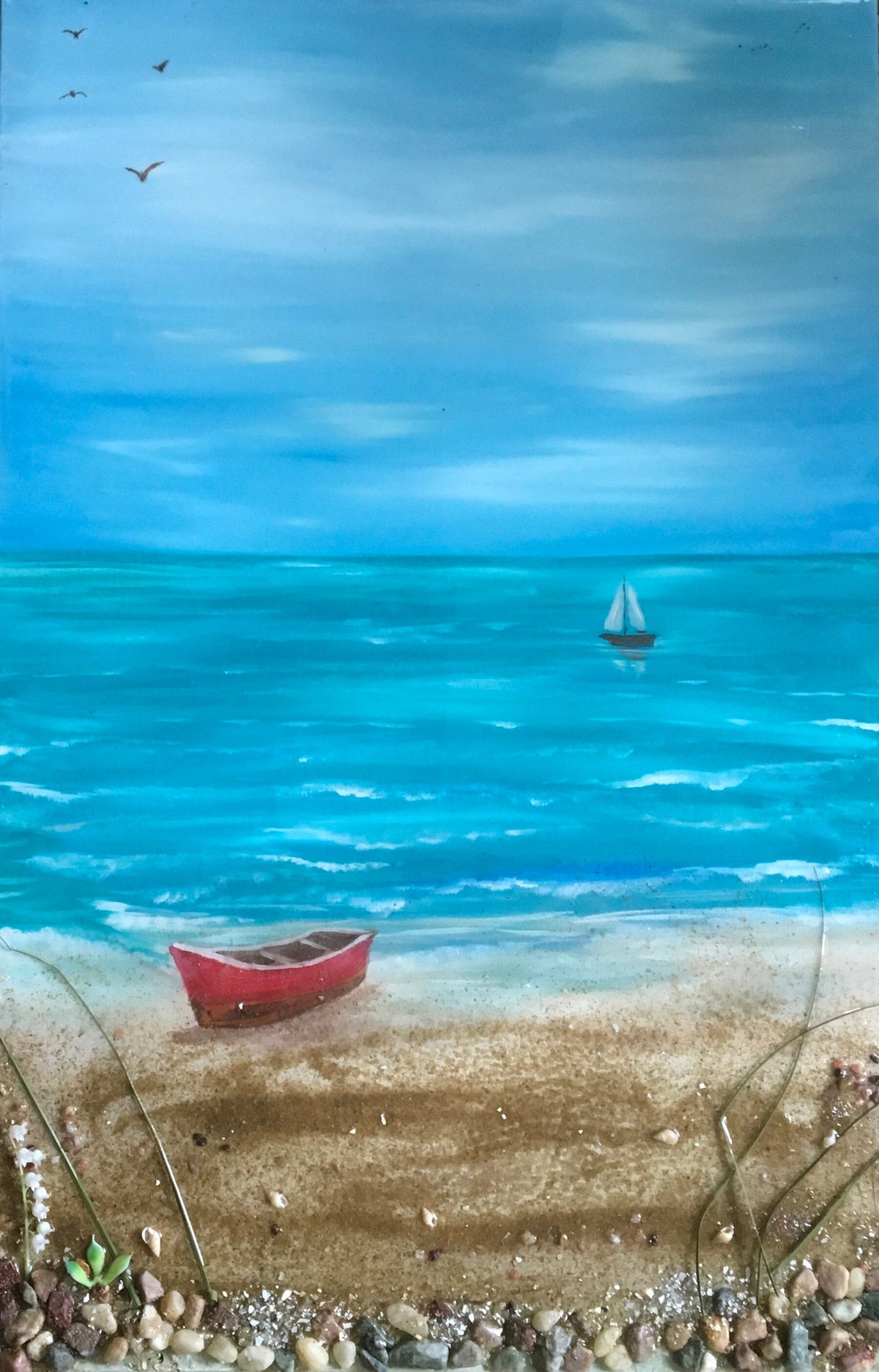 Original art beach seascape boat relaxing resin glass art 3D painting canvas art wall hanging