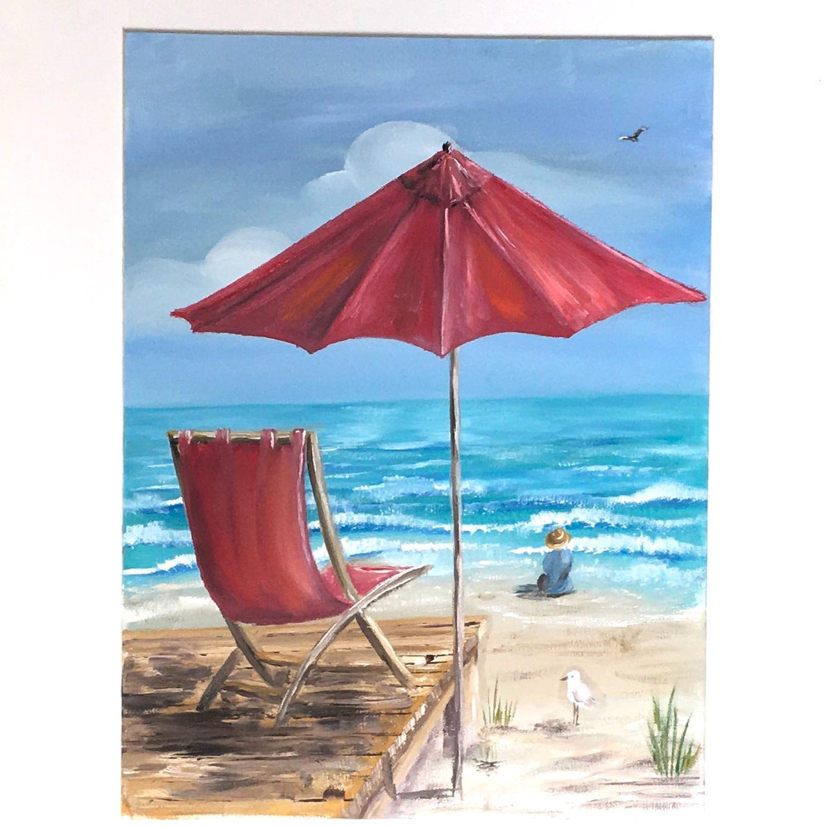 Seascape beach 16x12 inches Original oil painting red umbrella art wall hanging