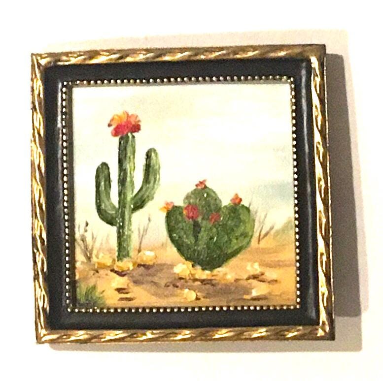 Desert Landscape framed 4x4 inches Original oil painting art wall hanging or on desk