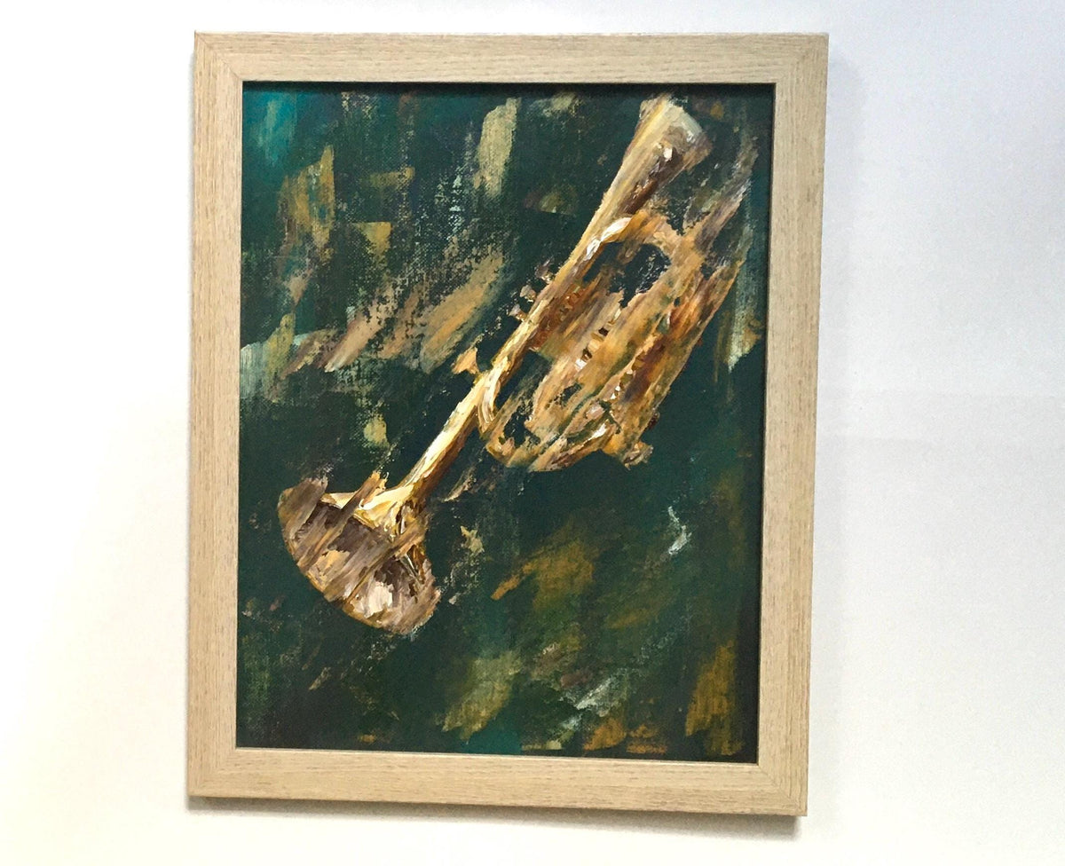 With frame trumpet music instrument abstract Original oil painting art wall hanging